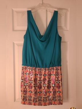 Charlotte Russe Teal Sleeveless Mini Dress with Sequin Patterned Skirt